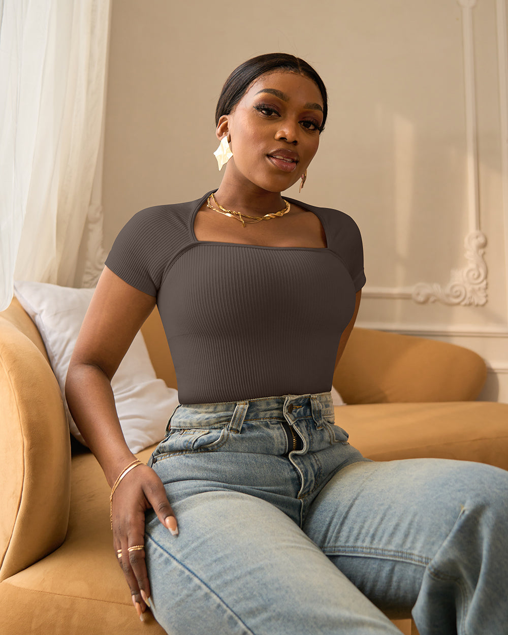 Short Sleeve Ribbed Saquare Neck Bodysuits