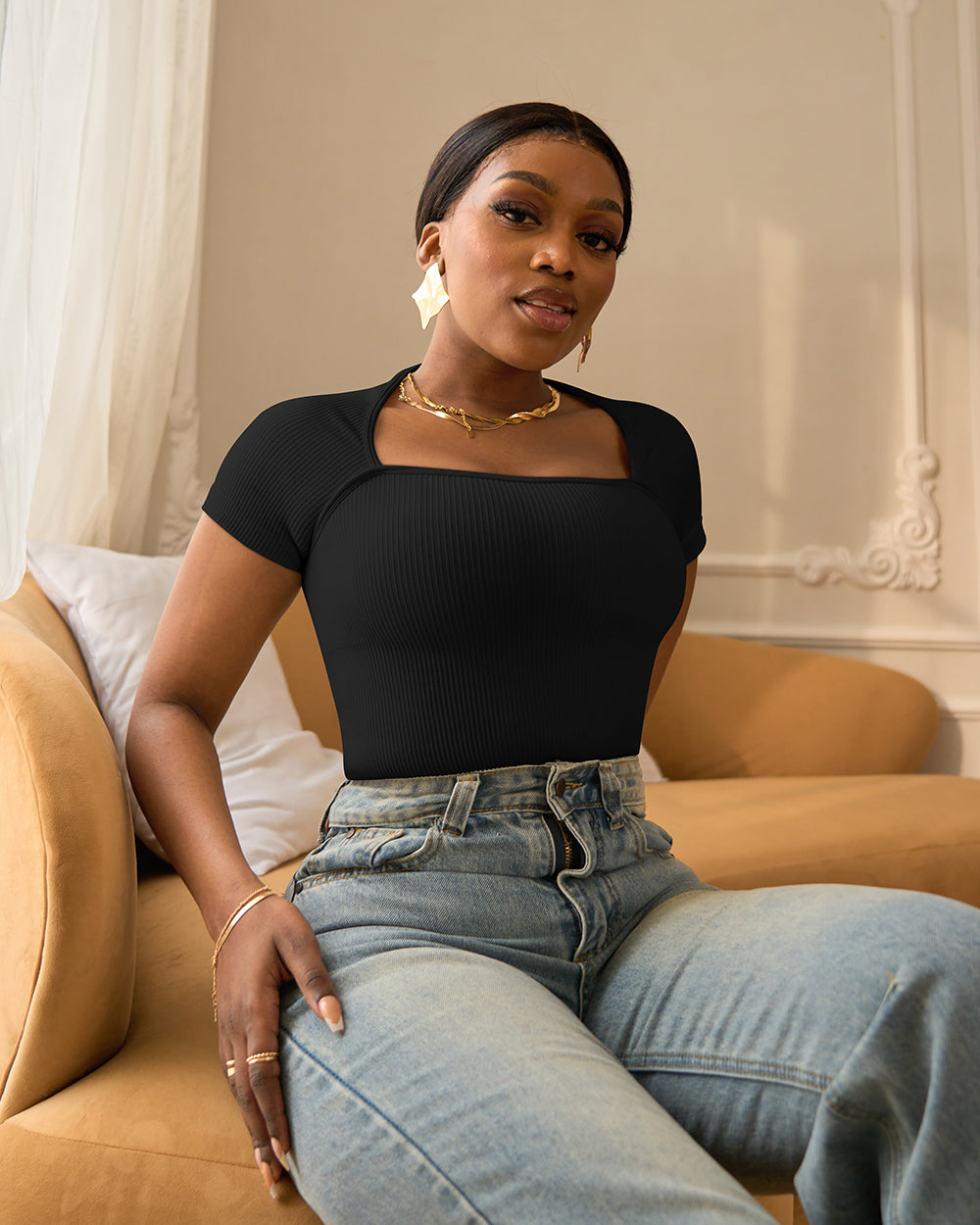 Short Sleeve Ribbed Saquare Neck Bodysuits