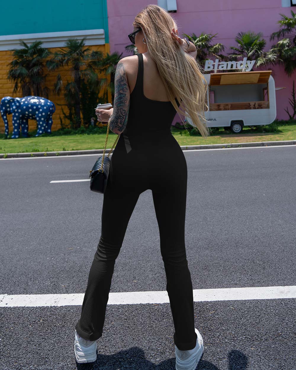 Ribbed square neck tank tops jumpsuits