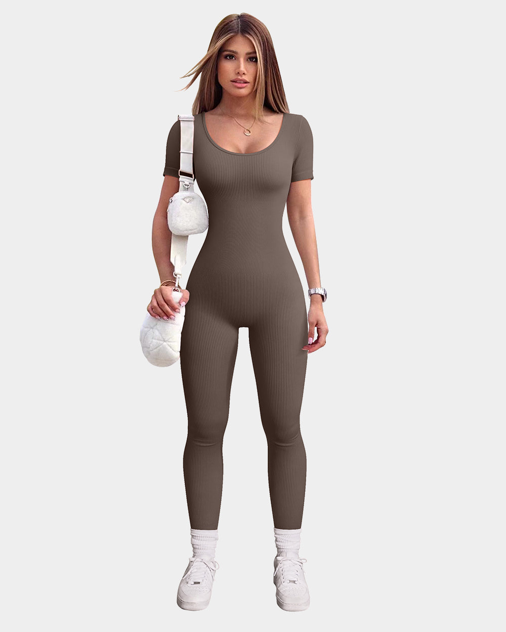 Ribbed Short Sleeve Tops Jumpsuits