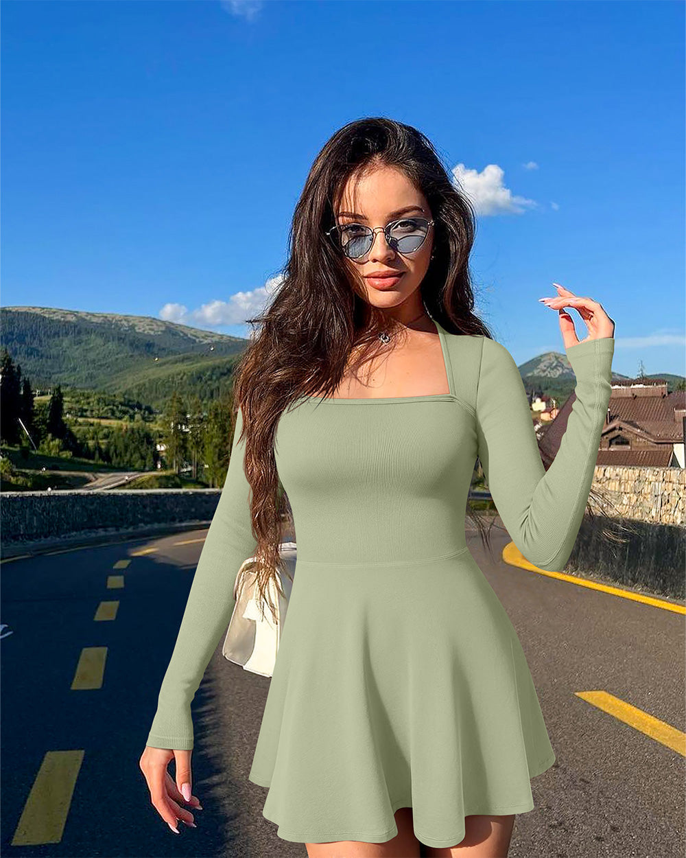 Long Sleeve Square Neck Casual A-Line Mini Dress