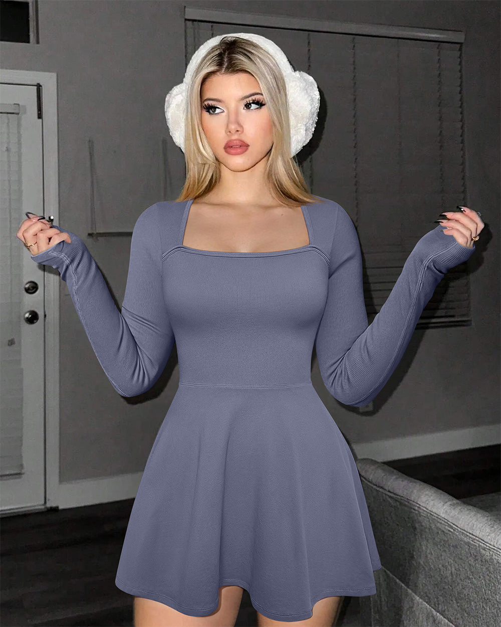 Long Sleeve Square Neck Casual A-Line Mini Dress
