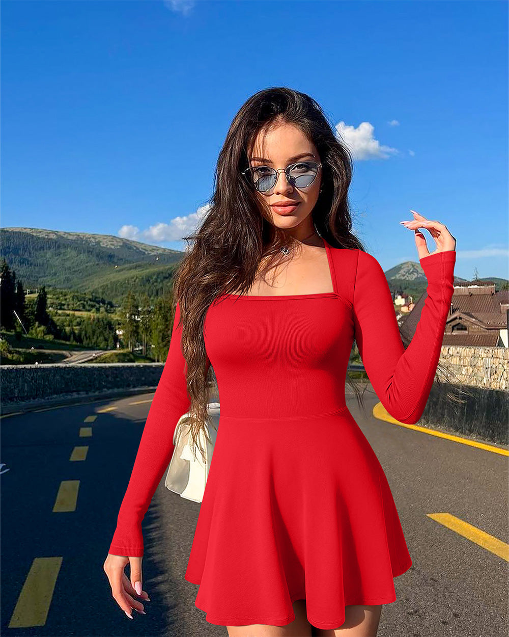 Long Sleeve Square Neck Casual A-Line Mini Dress