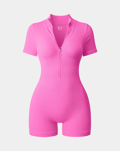 Ribbed Short Sleeve Zip Romper