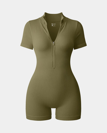 Ribbed Short Sleeve Zip Romper