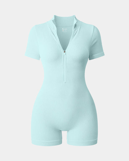 Ribbed Short Sleeve Zip Romper