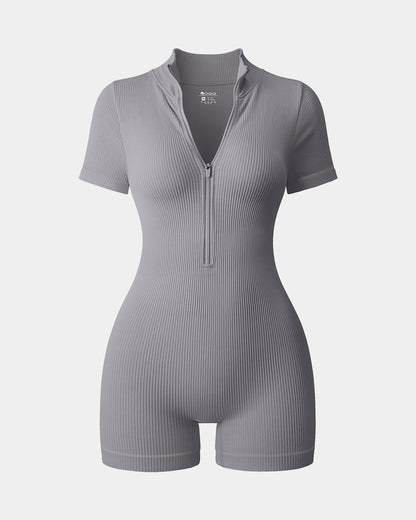 Ribbed Short Sleeve Zip Romper