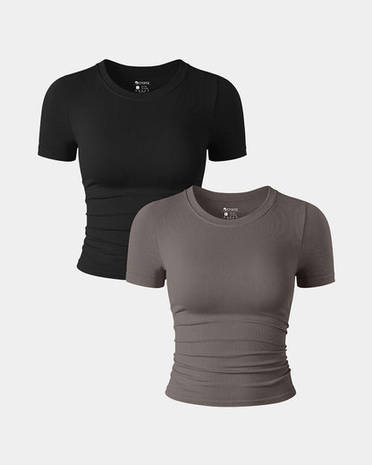 Short Sleeve Neck Ruched  Fitted Crop Tops