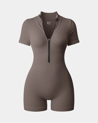 Ribbed Short Sleeve Zip Romper