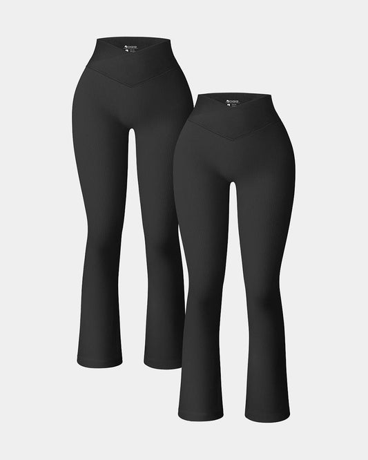 Ribbed Seamless  High Waist Cross Over Bell Bottoms  Leggings