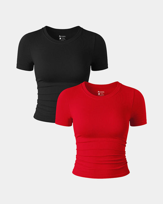 Short Sleeve Neck Ruched  Fitted Crop Tops