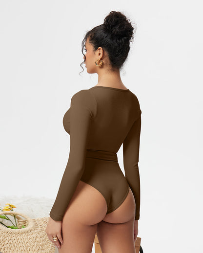 Sexy Ribbed Long Sleeve Tummy Control Tops Bodysuits