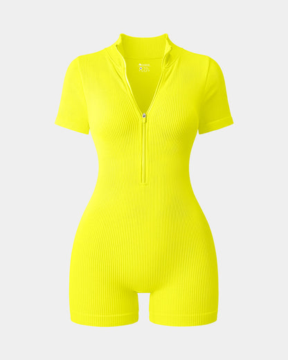 Ribbed Short Sleeve Zip Romper
