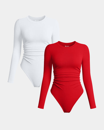 Crew Neck Long Sleeve Ruched Stretch Fitted Bodysuits