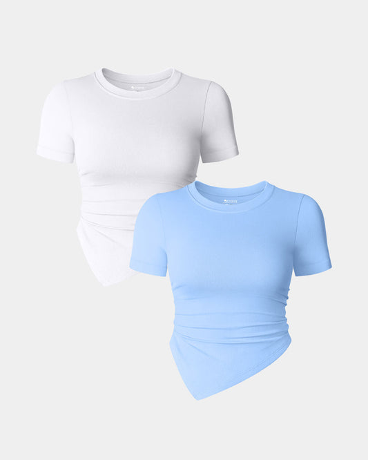Short Sleeve Crew Neck Ruched Tee Shirts
