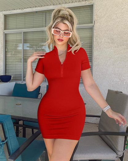 Zip Front Short Sleeve Mini Dress