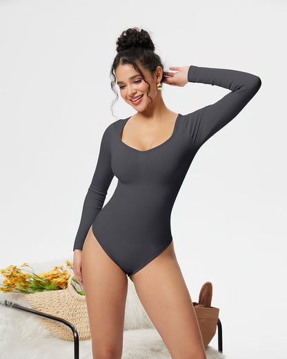 Sexy Ribbed Long Sleeve Tummy Control Tops Bodysuits