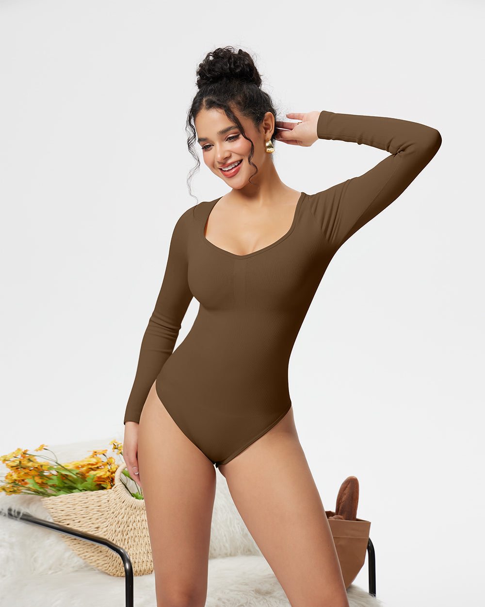 Sexy Ribbed Long Sleeve Tummy Control Tops Bodysuits