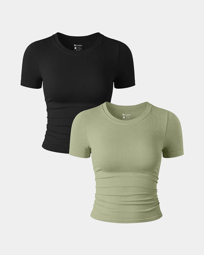 Short Sleeve Neck Ruched  Fitted Crop Tops