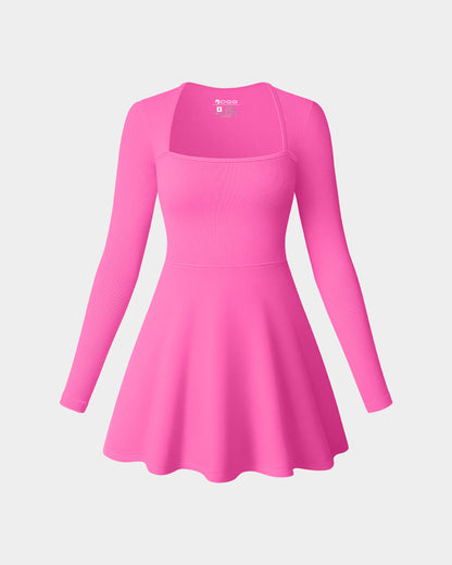 Long Sleeve Square Neck Casual A-Line Mini Dress