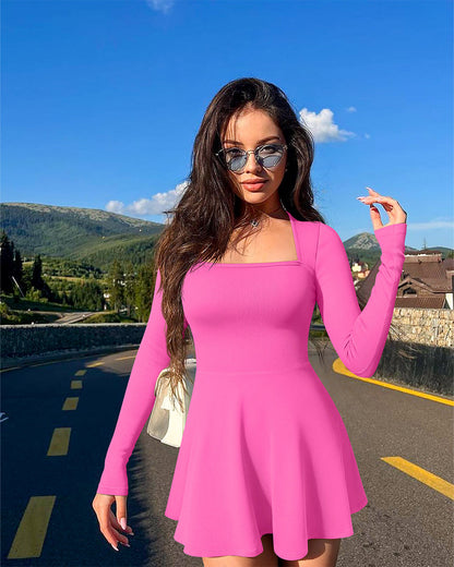 Long Sleeve Square Neck Casual A-Line Mini Dress