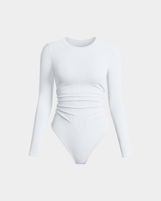 Ruched Crew Neck Long Sleeve Stretch Bodysuits