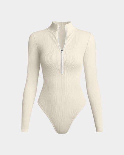 Sexy Ribbed Zip Front Long Sleeve Tops Bodysuits