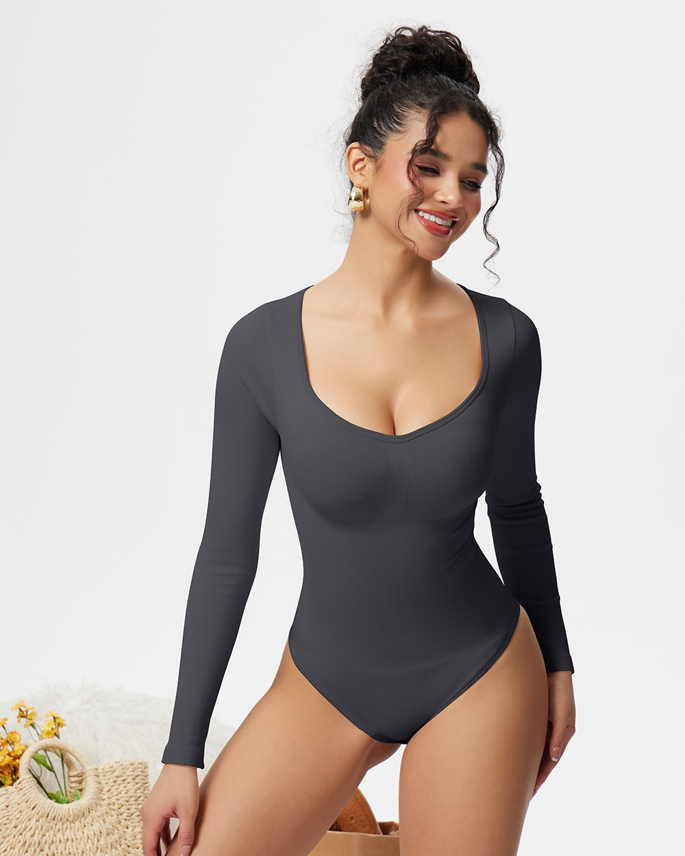 Sexy Ribbed Long Sleeve Tummy Control Tops Bodysuits