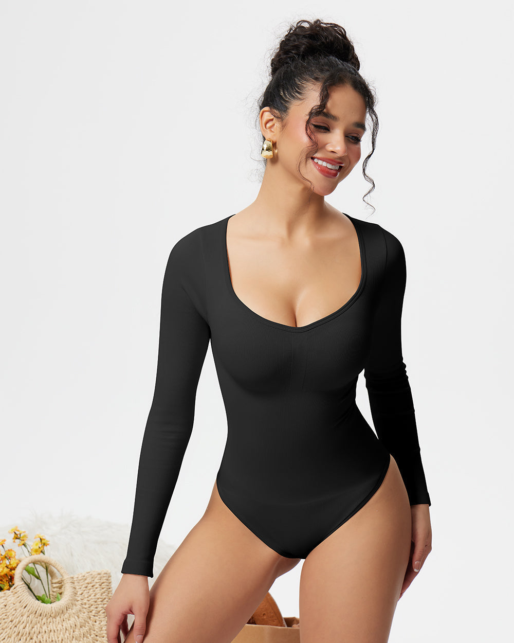 Sexy Ribbed Long Sleeve Tummy Control Tops Bodysuits