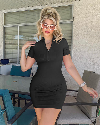 Zip Front Short Sleeve Mini Dress