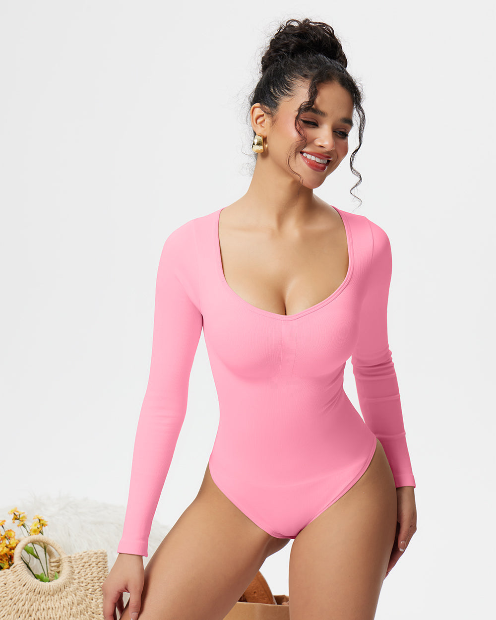 Sexy Ribbed Long Sleeve Tummy Control Tops Bodysuits