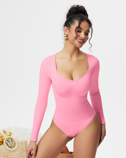 Sexy Ribbed Long Sleeve Tummy Control Tops Bodysuits