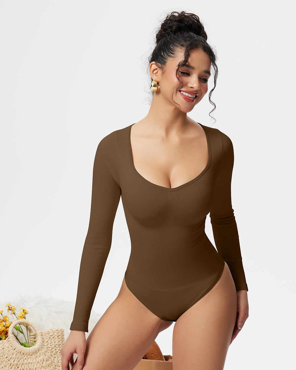 Sexy Ribbed Long Sleeve Tummy Control Tops Bodysuits