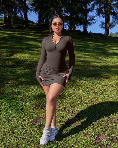 Zip Front Long Sleeve Tops Mini Dress