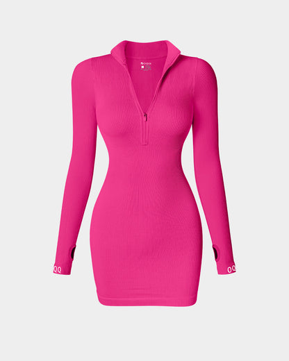Zip Front Long Sleeve Tops Mini Dress