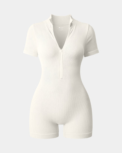 Ribbed Short Sleeve Zip Romper