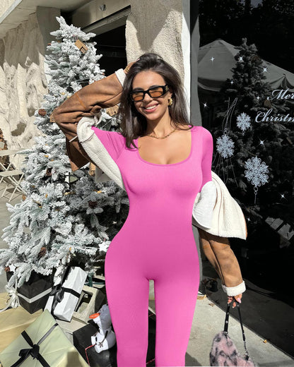 Square Neck Long Sleeve Bell Bottoms Jumpsuits
