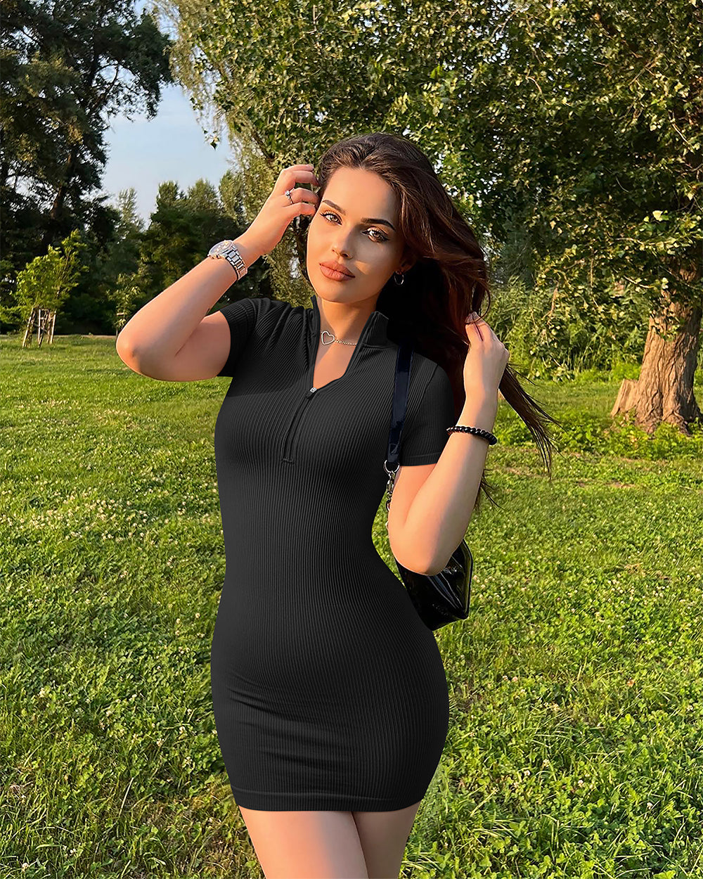 Zip Front Short Sleeve Mini Dress