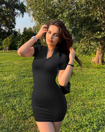 Zip Front Short Sleeve Mini Dress