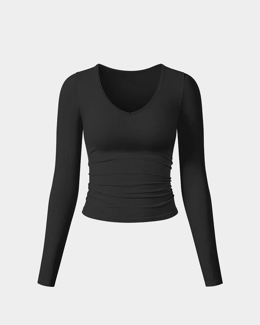 Ruched Long Sleeve V Neck Crop Tops