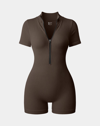 Ribbed Short Sleeve Zip Romper