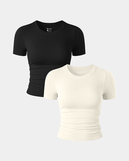 Short Sleeve Neck Ruched  Fitted Crop Tops