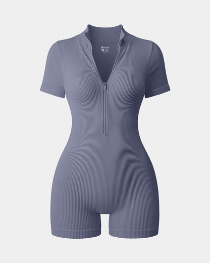 Ribbed Short Sleeve Zip Romper