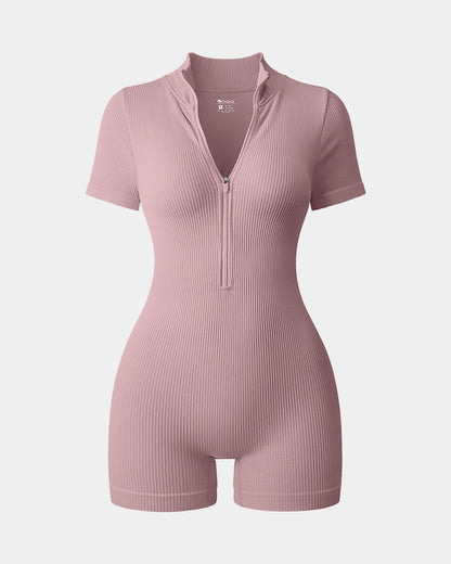 Ribbed Short Sleeve Zip Romper