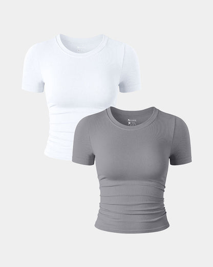 Short Sleeve Neck Ruched  Fitted Crop Tops