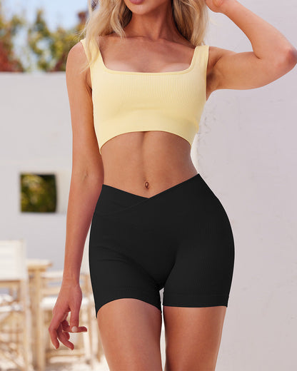 Ribbed Seamless High Waist Cross Over Athletic Shorts
