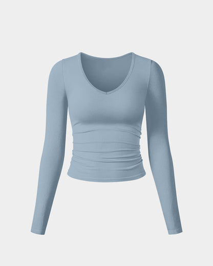 Ruched Long Sleeve V Neck Crop Tops