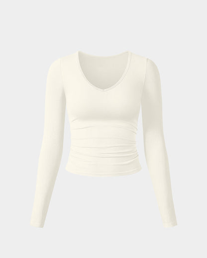 Ruched Long Sleeve V Neck Crop Tops