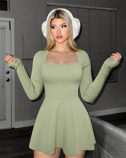 Long Sleeve Square Neck Casual A-Line Mini Dress