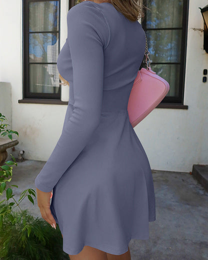 Long Sleeve Square Neck Casual A-Line Mini Dress